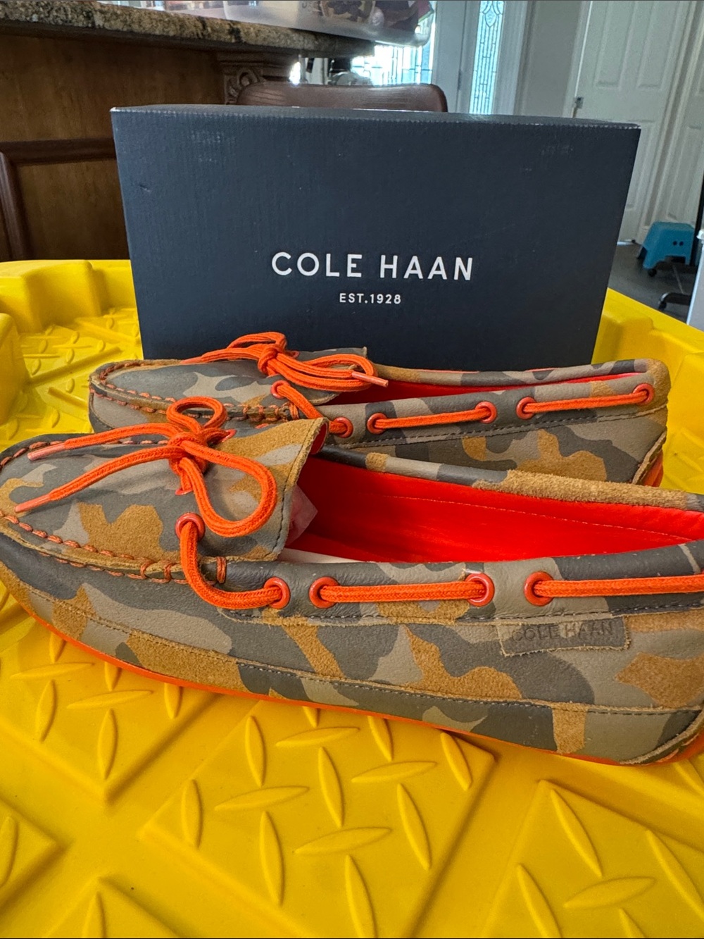 Cole Haan Camo Suede Moccasins with Bright Orange Trim